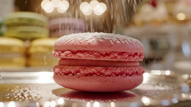 Close-up of powdered sugar sprinkling onto a pink macaron on a silver tray. Sweet French dessert preparation with warm bokeh background. Valentine's Day treat concept