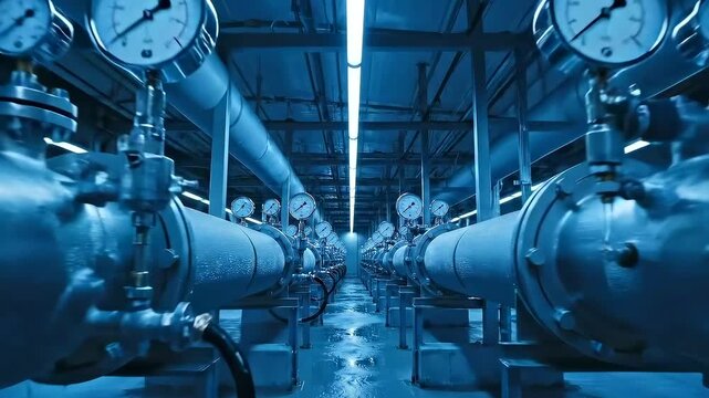 Industrial pipeline scene, Plant interior with piping system, Corridor featuring gauges valves and industrial lighting, Factory setting displaying insulated pipes and mechanical monitoring equipment