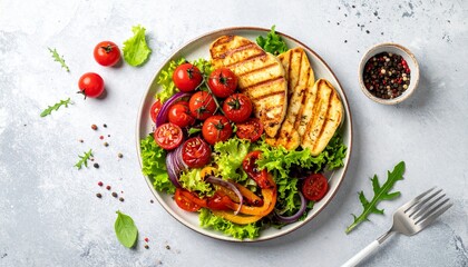 Grilled chicken breast served with a colorful mix of cherry tomatoes, peppers, and fresh greens on a plate.