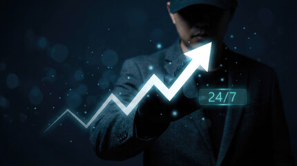 A person in dark clothing holds a transparent screen displaying a white arrow pointing upwards with a zigzagging line below it