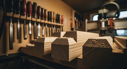 Obraz premium Closeup on timber grain textured wooden parts shaped by CNC machine inside a mobile joinery workshop presenting detailed craftsmanship.