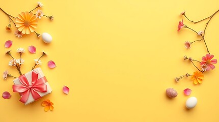 Gift box with pink ribbon surrounded by flowers on yellow background