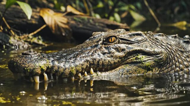Close-up of a fearsome alligator lurking in murky water, showcasing teeth and eye, natural predator in its habitat