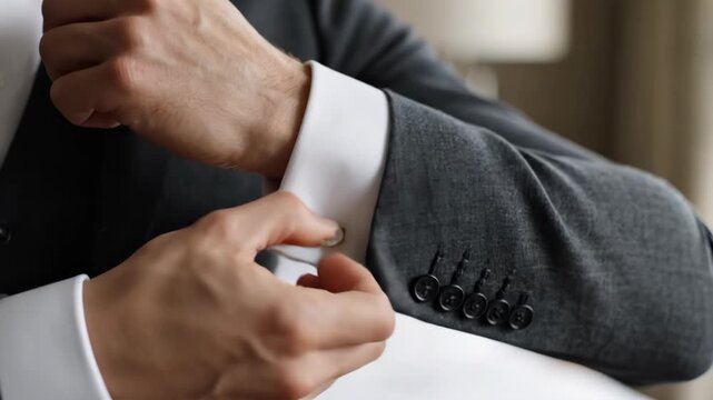 Close-up of a man fastening a cufflink on a white shirt sleeve. Groom getting ready for a wedding or businessman preparing for a formal event. Male hands adjusting suit accessories.