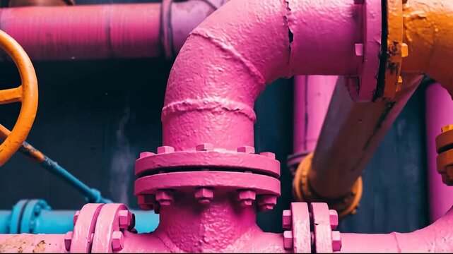 Vibrant abstract pipes in bright colors create an industrial atmosphere.