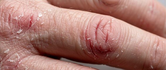 Extreme macro close-up of dry cracked human skin texture. Damaged finger with deep fissures and peeling flakes. Dermatology and skin care concept for eczema or dermatitis treatment
