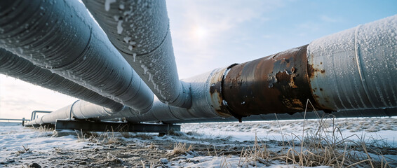 Network of heavy industrial oil pipes covered in frost and snow. Rusty metal gas pipeline in a winter landscape. Energy infrastructure concept