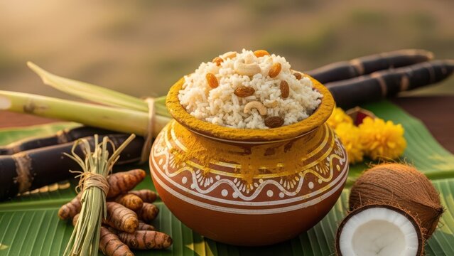 Traditional indian pongal dish served in an earthen pot with tropical ingredients