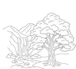 A serene landscape illustration of a tree beside a waterfall and mountain-Coloring Page design