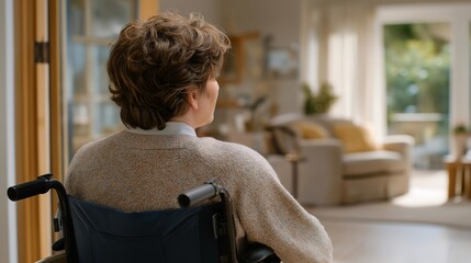 A wheelchair user navigating a smart home using voice-controlled lights and doors, illustrating assistive technology, independent living, and inclusive design in modern housing. cinematic color