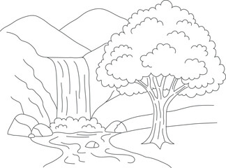 A serene landscape with a waterfall and tree by a river isolated on white background-Coloring Page design