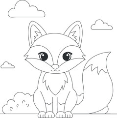 A cute cartoon fox with big eyes and clouds in the background-Coloring Page design