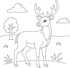Deer with large antlers standing in a field with a tree and clouds-Coloring Page design