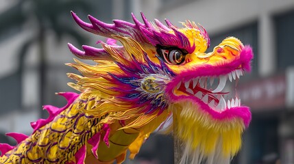 Colorful dragon dance weaves above a cheering crowd during Chinese Lunar New Year celebrations ; perfect for travel, culture, festival promotion, and design