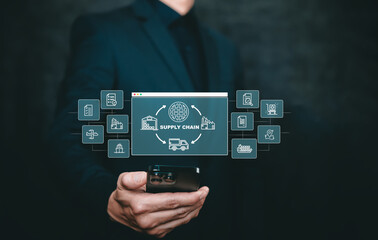 Supply chain and logistics management concept with digital interface, global transportation flow, inventory control, operational planning, and modern business technology for efficient distribution.