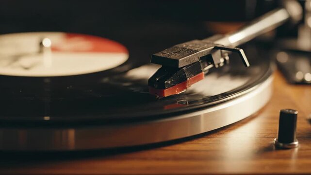 Close-up of a vinyl record spinning on a vintage wooden turntable. Stylus needle tracking the grooves of an LP album. Retro analog music player concept for a romantic evening