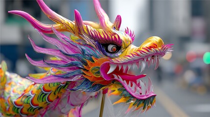 Colorful dragon dance weaves above a cheering crowd during Chinese Lunar New Year celebrations ; perfect for travel, culture, festival promotion, and design