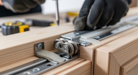 Closeup footage of hardware installation on a pocketdoor frame retrofit including rollers and guides to ensure seamless door movement.