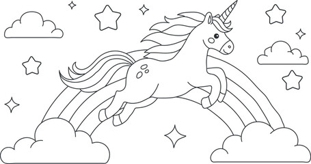 a unicorn jumping over a colorful rainbow with fluffy clouds and twinkling stars in the sky-
Coloring Page design
