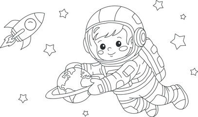 astronaut kid wearing a helmet and space suit floats in space with a rocket ship flying nearby
-Coloring Page design