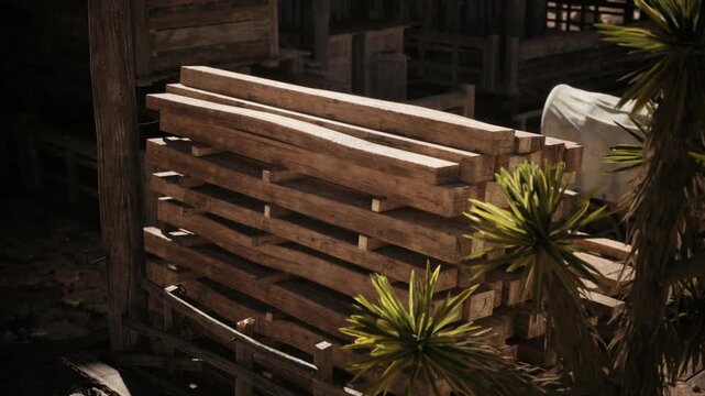 Sturdy wooden pallets lean against a wall in a rustic outdoor area, surrounded by greenery and old structures, creating a tranquil, natural atmosphere.