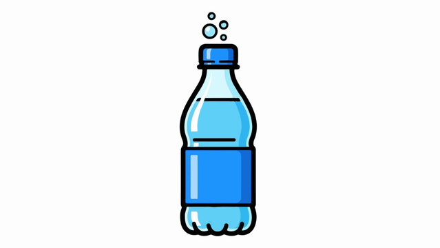 Blue capped bottle filled with clear liquid, showing bubbles