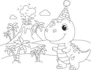 A smiling dinosaur wearing a party hat standing in front of a volcano-Coloring Page design
