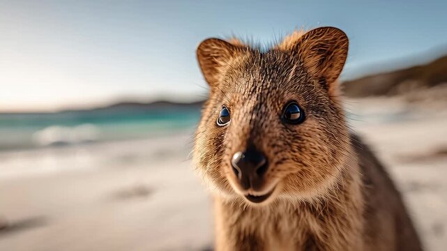 Adorable Smiling Quokka Portrait Close-up on a Tropical Beach