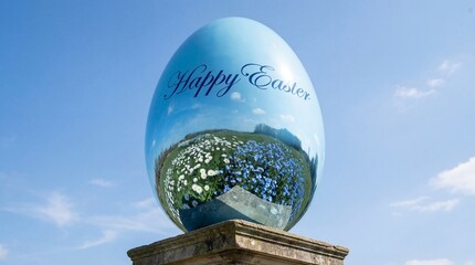 Decorative Easter egg with "Happy Easter" text in blue sky background  