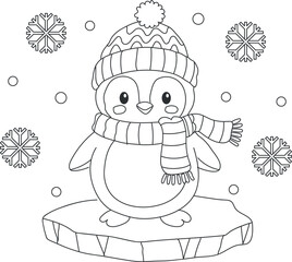 A cute cartoon penguin wearing a hat and scarf on a snowy platform-Coloring Page design