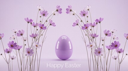 Purple Easter egg surrounded by pink flowers on a pastel background  