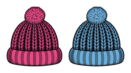 Two cozy knitted winter hats in vibrant pink and soothing blue with fluffy pom-poms