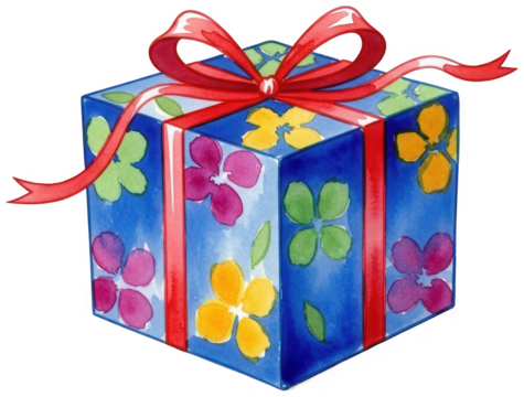 Watercolor gift box with red ribbon and vibrant floral design on transparent background - Powered by Adobe
