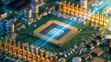 Green circuit board with microchips and electronic parts