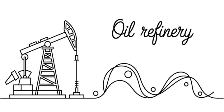 Line art illustration of an oil pump jack and refinery text, isolated on transparent background