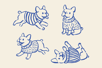 French bulldog in sweaters doodle outline set vector illustration