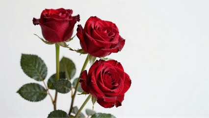 Three red roses with water droplets on white background