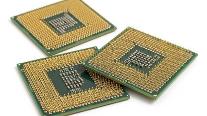 Gloved hand holding microchip against bright blue light background