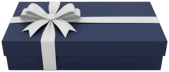Long navy blue gift box featuring elegant white ribbon and bow decoration