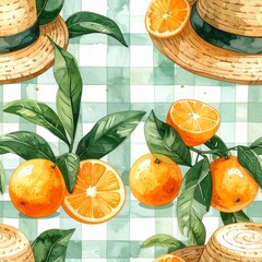 Bitter Orange with Straw Hat on Light Green Gingham Watercolor Background