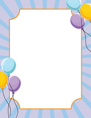 Party balloon border featuring blue, yellow, purple air balloons, radiant purple lines