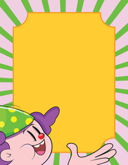 Green hat clown face waving at yellow bordered frame with pink stripes, empty middle area, ideal for holiday invites, festival announcements, event posters