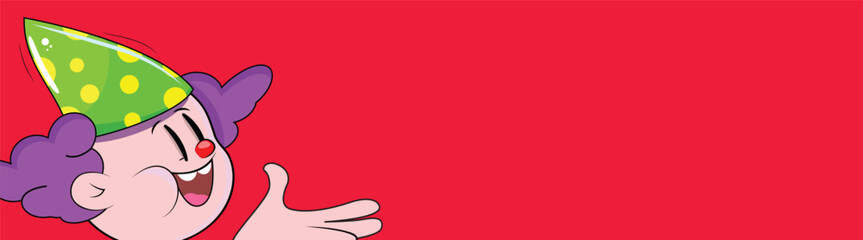 Happy clown head in purple hair, polka dot party hat, cheerful wave gesture against solid red backdrop