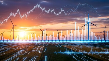 Renewable energy investment and technology integration at a wind farm sunset