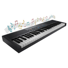 Digital keyboard with colorful musical notes floating above it transparent... isolated on a transparent background