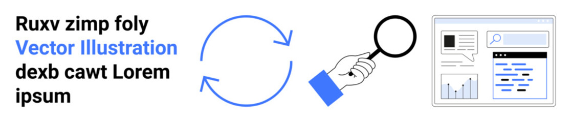 Data analytics, research process, workflow management, information tracking, business intelligence, technology interface. Circular arrows, hand with magnifying glass analytics dashboard. Data © robu_s