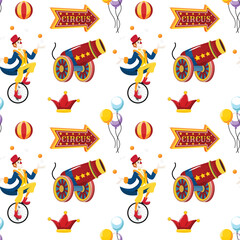 Repeating circus elements pattern featuring acrobatic clowns, circus signs, cannonballs, bikes, air balloons, infinite white tile for textiles, party decor, digital paper, amusement print