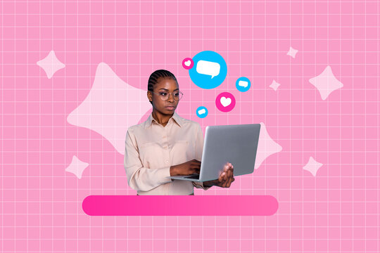 Pop art trend banner collage of happy girl type laptop heart notification feedback social media influencer bubble chat like - Powered by Adobe