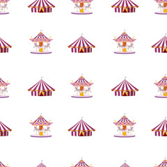 Repeating carousel motif featuring striped tents, carousel horses spinning on platforms, endless white backdrop