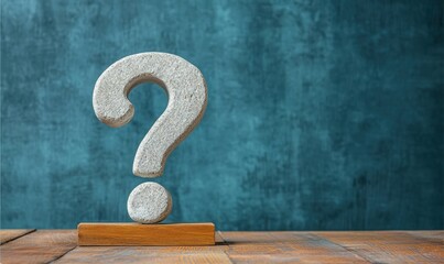 A textured question mark sculpture stands on a wooden base against a blue background, evoking curiosity and inquiry.